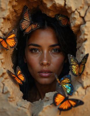 The primary subject of the image is a woman with long hair, who is surrounded by a variety of butterflies. The setting is a rocky outdoor environment, with the woman peeking out from behind the rocks. The visual style is a combination of photo and digital art, creating a unique and artistic representation of the scene. The colors and mood of the image are vibrant and lively, with the butterflies adding a sense of beauty and freedom to the overall atmosphere.